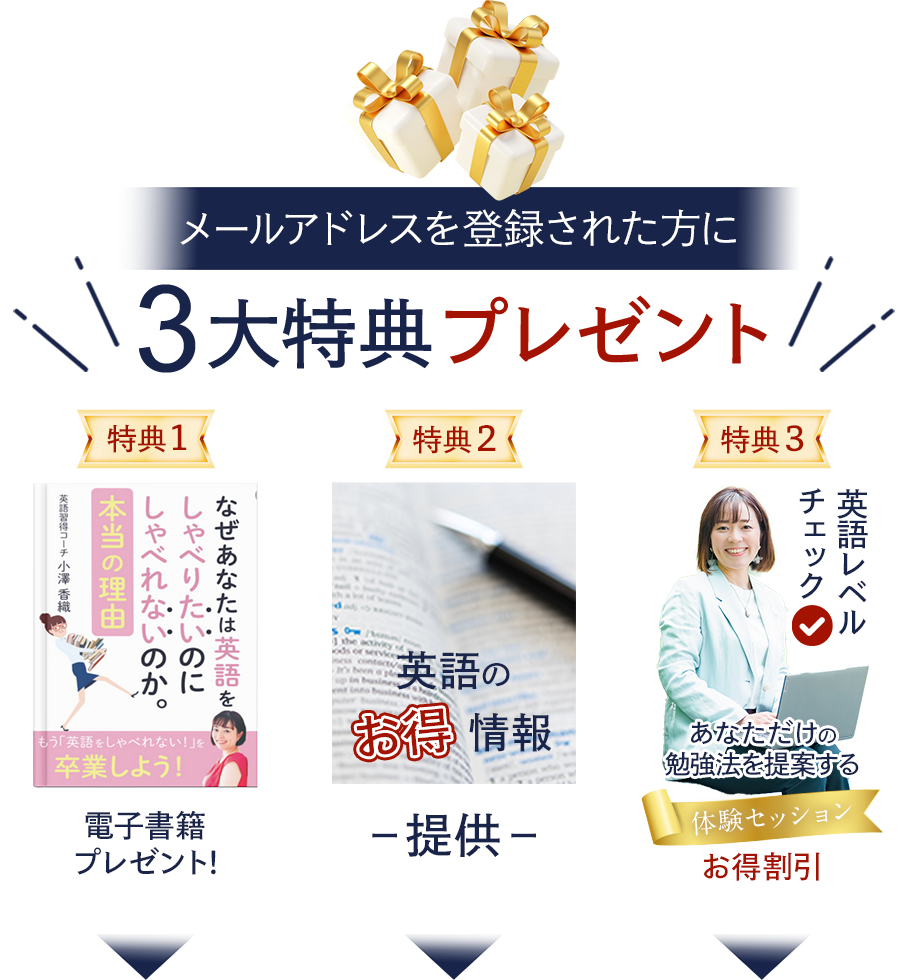 メールアドレスの登録で、3大特典プレゼント!